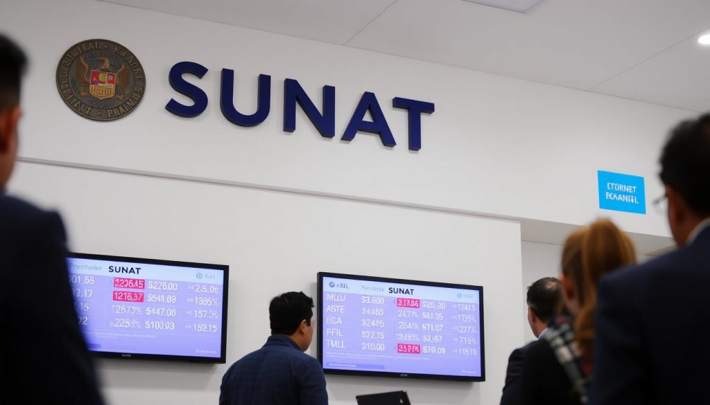 Oficina de SUNAT con pantalla mostrando el tipo de cambio oficial